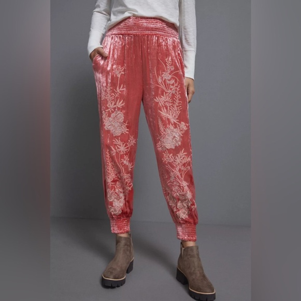 Anthropologie Faux Velvet Jogger Pants Floral embroidered